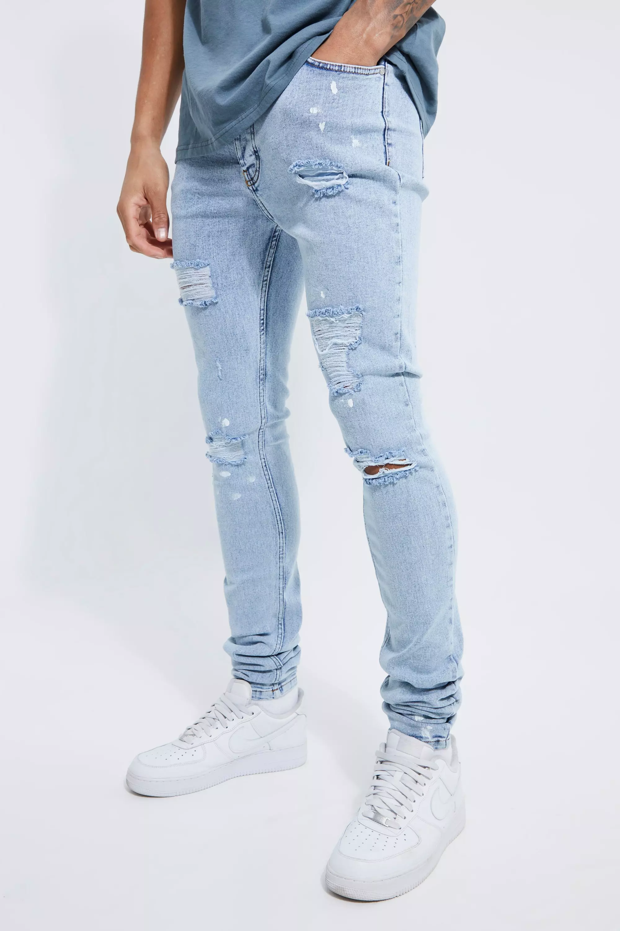 Tall Super Skinny Ripped Paint Splatter Jeans boohooMAN